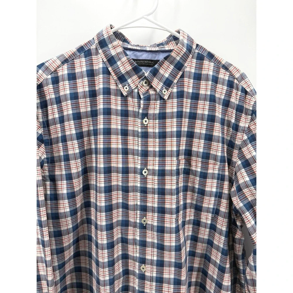 Banana Republic Camden Fit Blue Red Plaid Shirt Preppy Cotton Office Men XL EUC